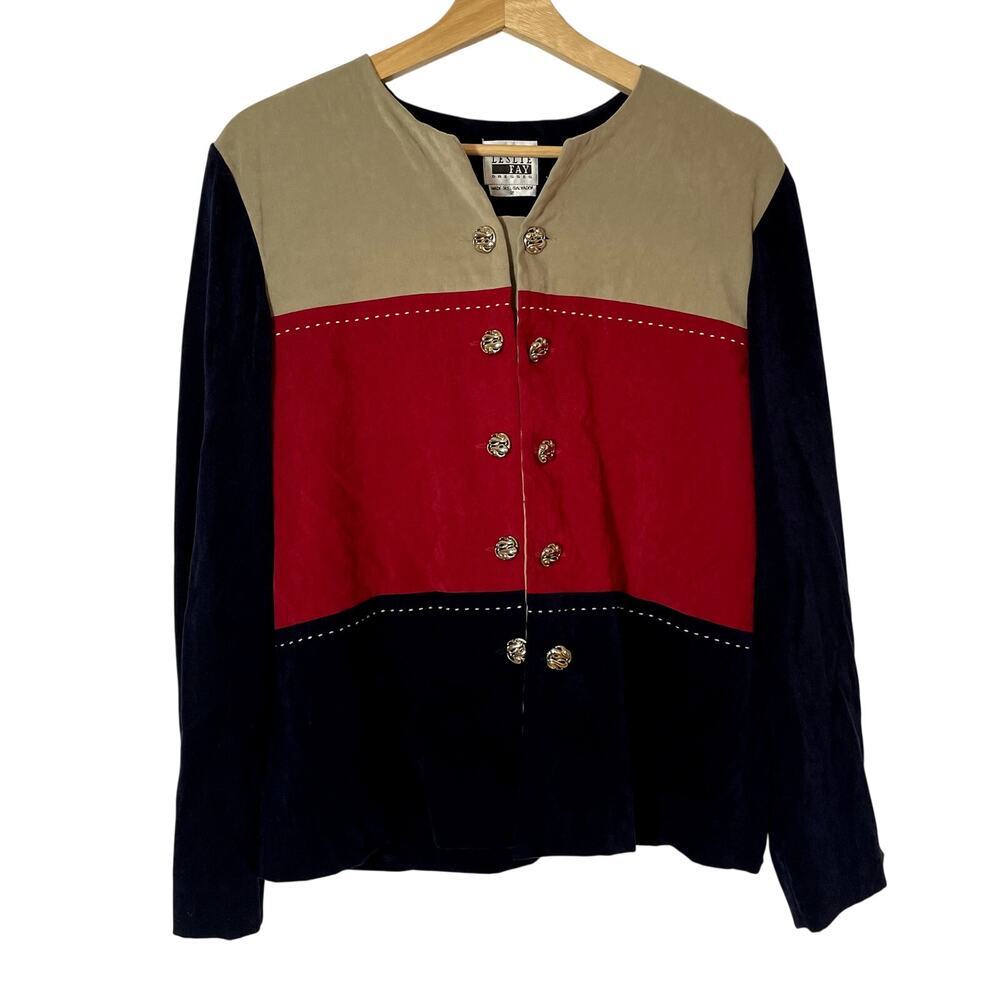 Vintage Leslie Fay blue red cream double button front cardigan jacket women's 12
